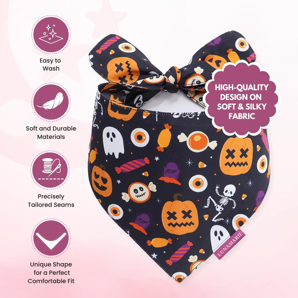 LunaMarie - Luxury Cat and Dog Bandanas - Halloween Designs | Premium Silky Poly Fabric | 100% Handmade Custom Shape Dual Layered Small, Medium, Large Cat Scarf (Trick-Or-Treat, Medium)