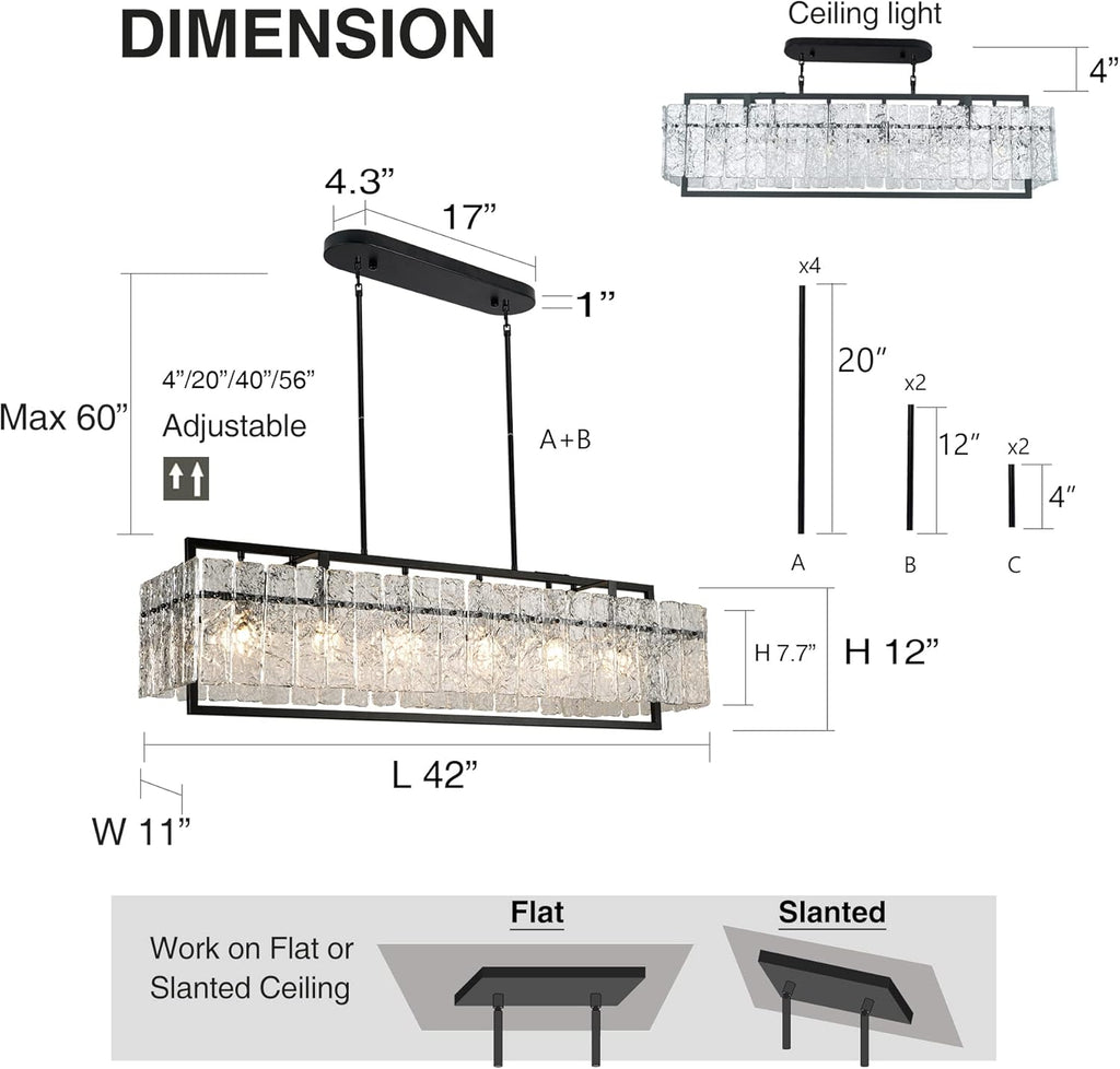 IKK Modern Rectangle Black Crystal Chandeliers for Dining Room, 42" Large Rectangular Water Ripple Glass Island Light Fixture, Linear Farmhouse Lighting for Kitchen Island, Living Room, L42xW11xH12