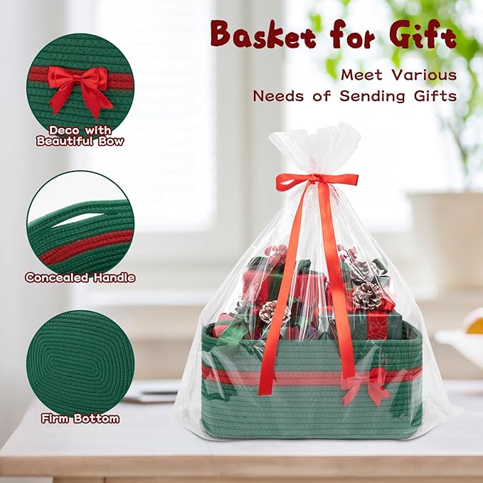 OIAHOMY Christmas Basket with Gift Bags and Ribbons, Woven Storage Basket for Decorations, Nursery, Pets - Green