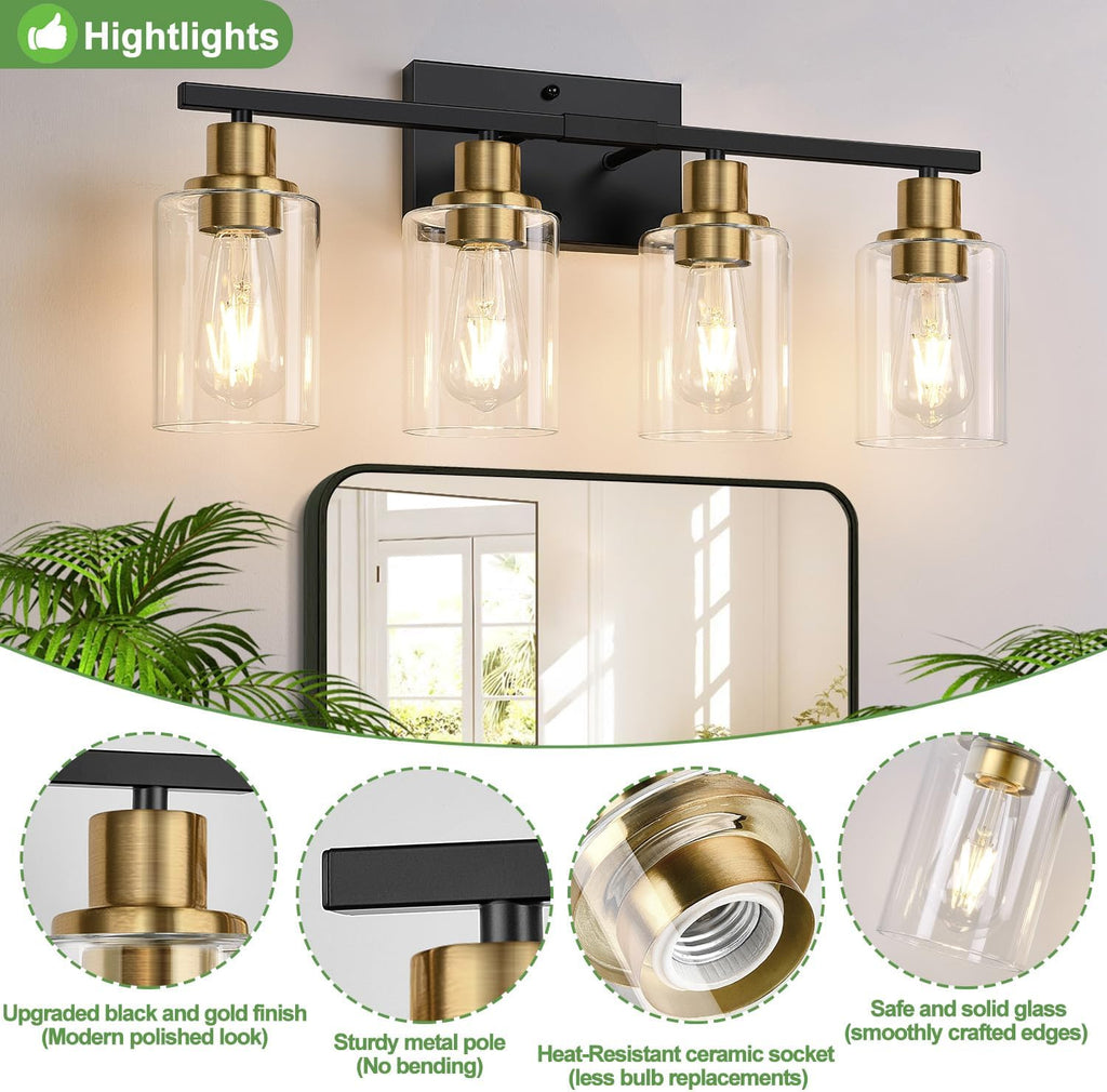 4-Light Bathroom Light Fixtures, Black and Gold Modern Vanity Lights with Clear Glass Shades, Bathroom Wall Lamp for Mirror Living Room Cabinet Bedroom Porch
