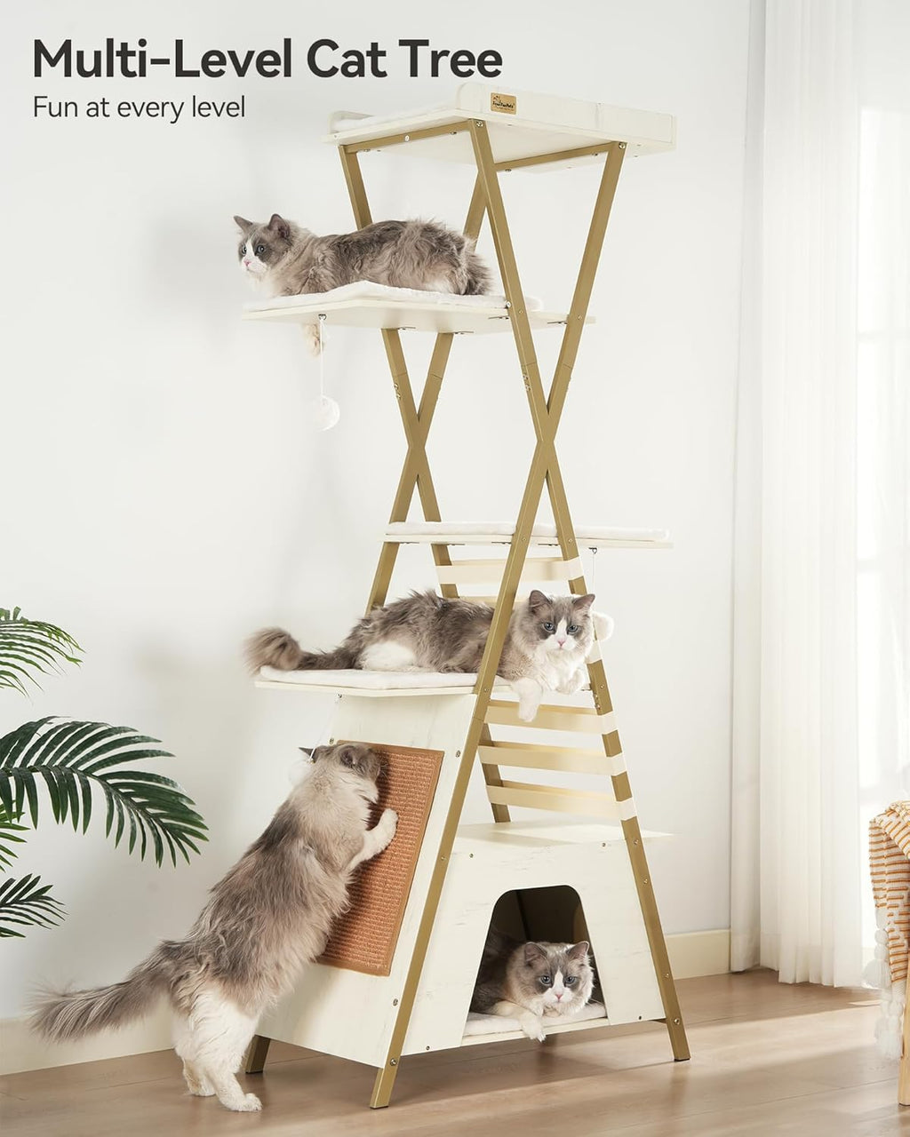 FourFurPets 72.4" Cat Tree, Modern Cat Tower for Indoor Cats, Multi-Level Cat Condo with Caves, Tall Cat Tree with Cat Scratching Board, Wooden Cat Tower with Large Perch, Removable Pads, White