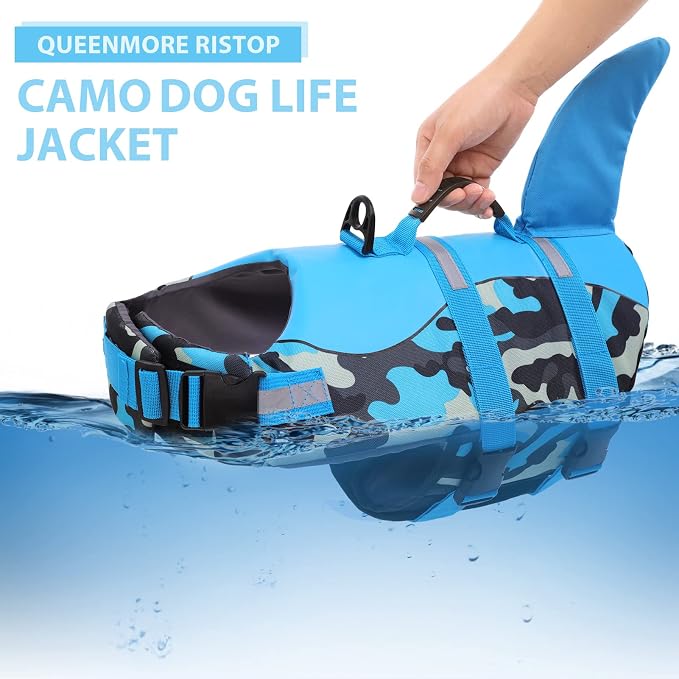 Dog Life Jacket Ripstop Dog Shark Safety Vest Adjustable Preserver with High Buoyancy and Durable Rescue Handle for Small,Medium,Large Dogs, Blue Camouflage Large