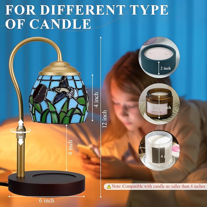 Candle Warmer Lamp - Hummingbird Candle Lamps Timer Dimmer, Tiffany Style Stained Glass Candle Warming Lamp Compatible with Small Jar Candles Gifts for Her, for Mom Wax Melt Warmer for Home Decor