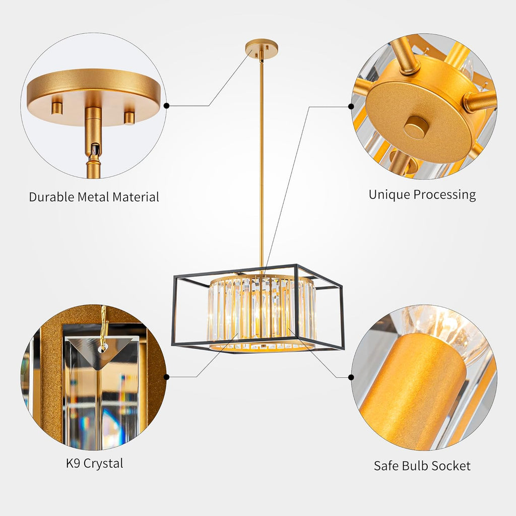 5-Lights K9 Crystal Chandelier, Modern Style Pendant Light Fixture for Dining Room, Bedroom & Living Room, Gold & Black Finish, L16.5 * W16.5 * H12~48 inch (Adjustable Height)