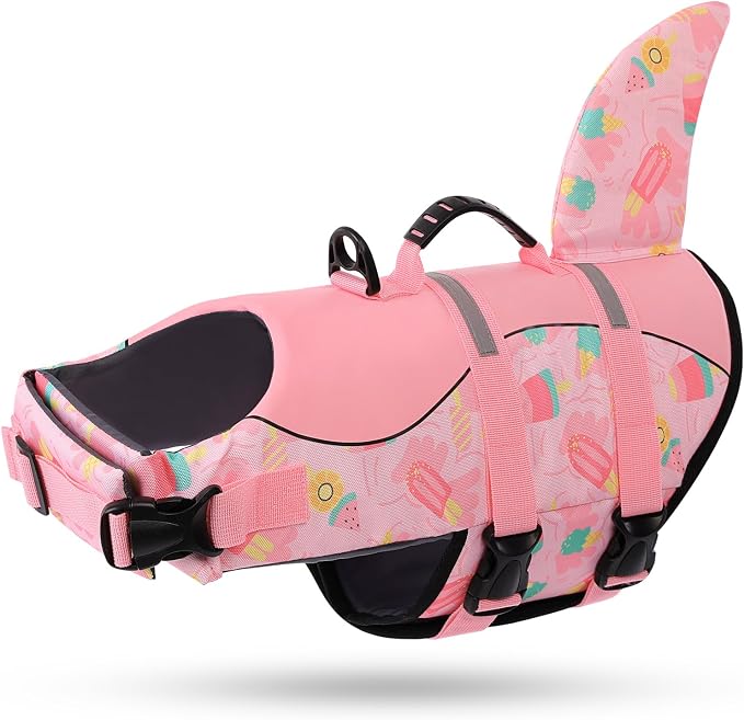 Dog Life Jacket High Flotation, Reflective, Adjustable Dog Life Preserver Rescue Handle, Spring Summer Pool for Small, Medium, Large Dogs (Pink Ice Cream, L)