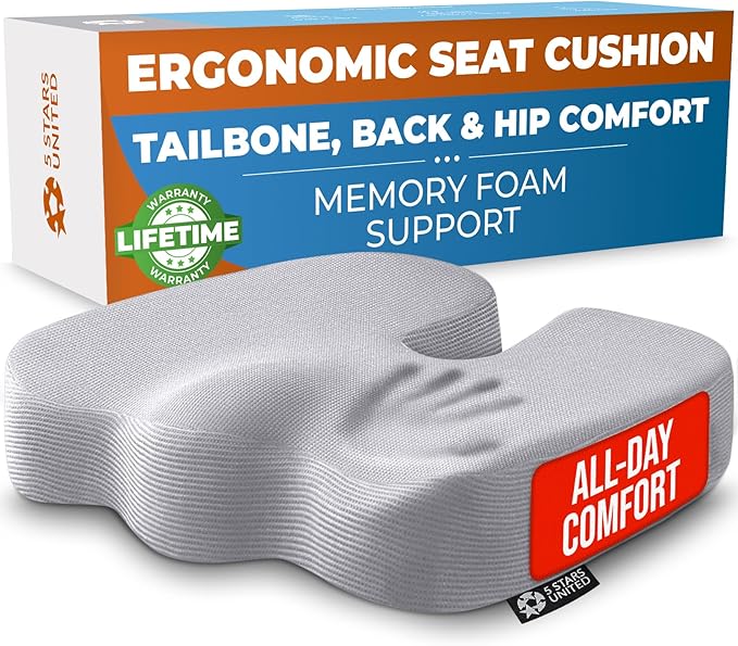 5 STARS UNITED Seat Cushion for Tailbone Pain Relief – Memory Foam Cushion for Coccyx, Hip, Hemorrhoid, Sciatica & Post-Surgery Recovery – Wheelchair, Car, Desk, Gaming & Office Chairs, L Gray