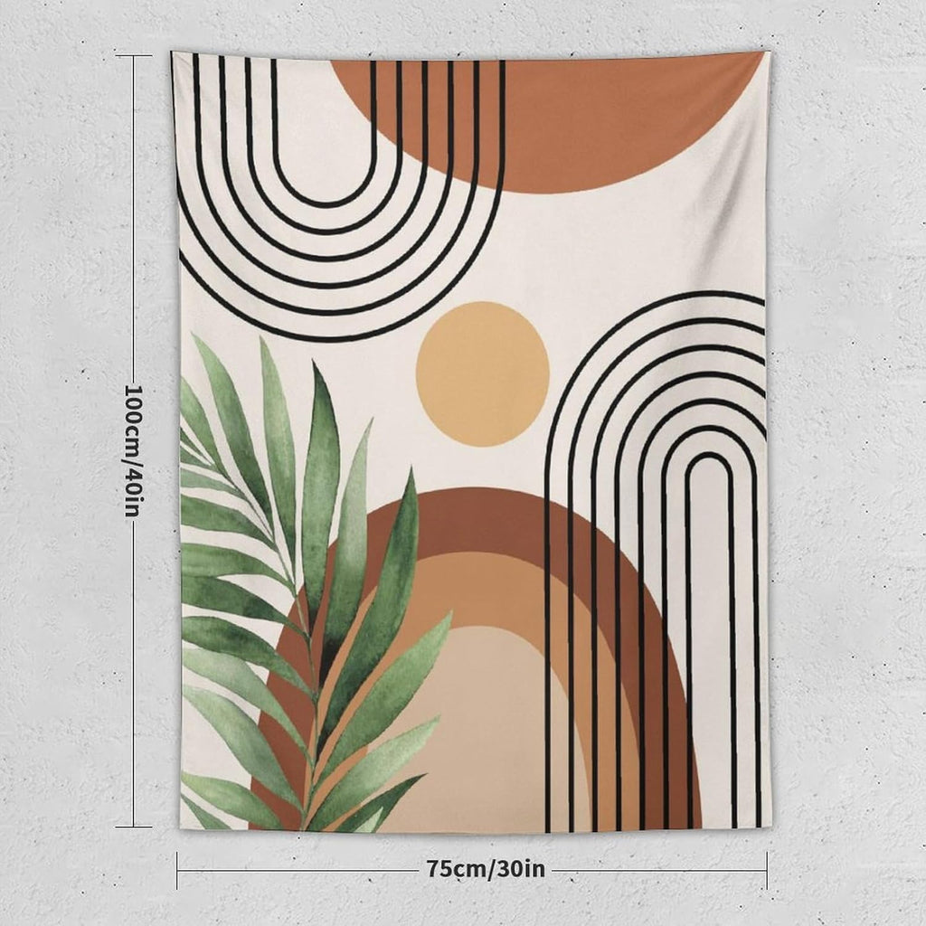 Abstract Bohemian Mid Century Tapestry, Tropical Leaves Modern Geometric Archway Minimalist Bohemian Botanical Aesthetic Wall Hanging, Sage Green Gold Home Decor Art for Bedroom 40x60 Inch