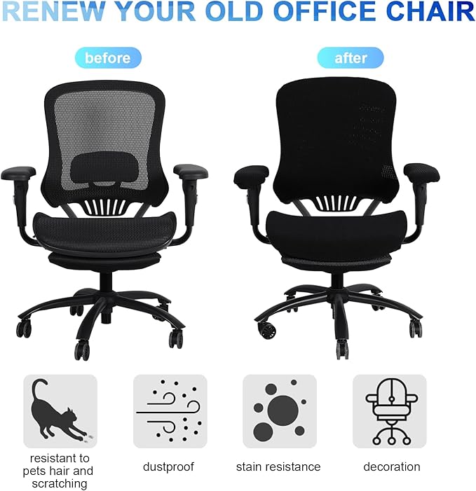 Tallew 8 Pcs Office Chair Covers Set Computer Universal Protective Stretchable Chair Seat Covers Desk Armrest Slipcovers Pads Office Cushion Backrest for Rotating (XL,Black)