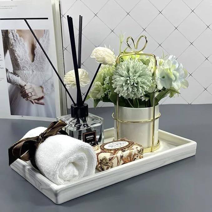 White Marble Bathroom Counter Tray - Ceramic Perfume Organizer and Jewelry Dish for Vanity Dresser