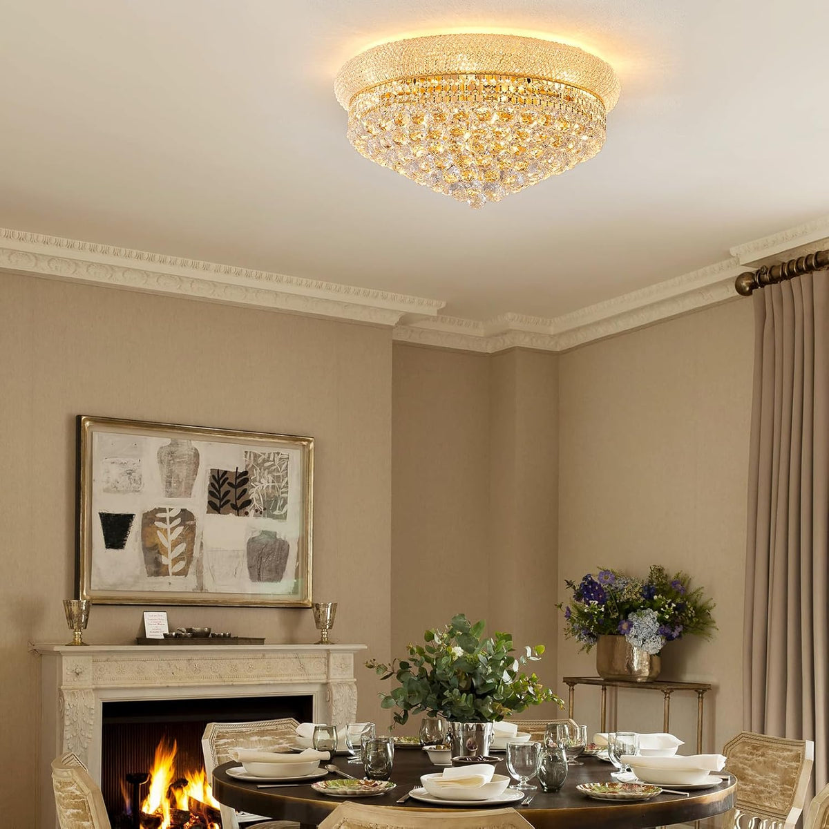 12-Light Crystal Flush Mount Chandelier Ceiling Light Fixture for Living Room Dining Room Bedroom Foyer Entryway Hallway Closet Bathroom (Gold D24)