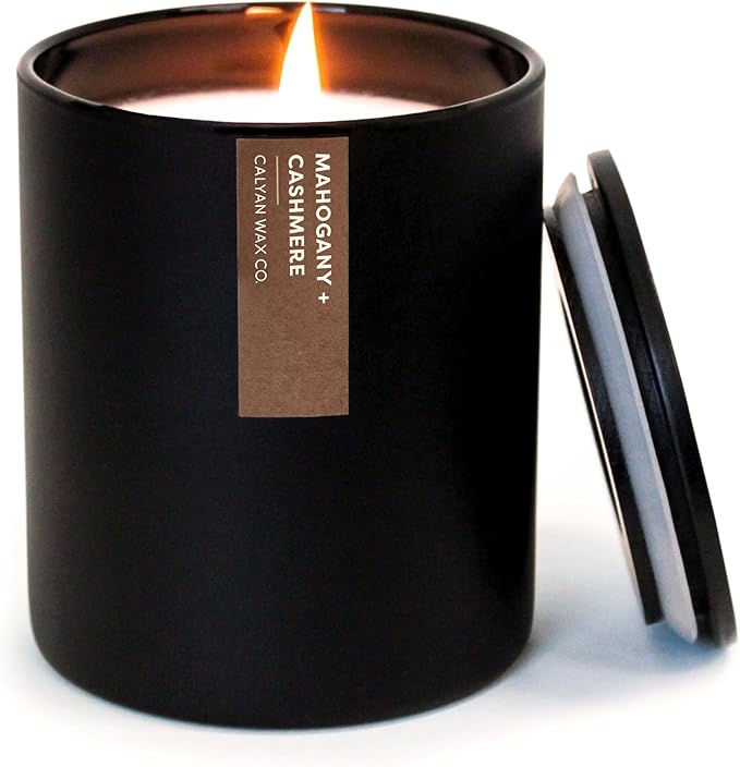 Calyan Wax Co. Mahogany & Cashmere Scented Candle - 75 Hour Burn - Luxury Non Toxic Soy Wax Candles - Long Lasting Black Tumbler Jar Candle for Home - 10.2oz