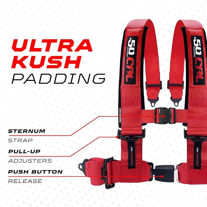 1pc 50 Cal Red 4 Point Harness 2in Straps, Racing Harness Seat Belt | Ultra Kush padding, Push Button quick release hardware. Universal Fit for UTV, RZR, race car.