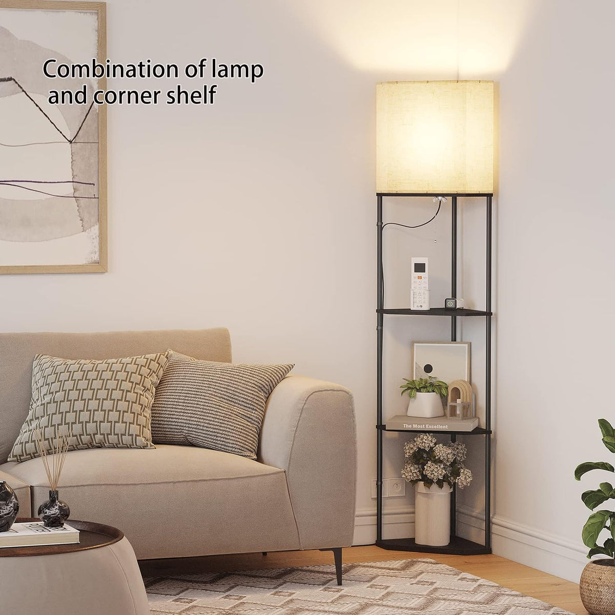 SUNMORY Sector Corner Shelf Lamp 3 Color Temperatures LED Bulb,Corner Lamps with Linen Lampshade, Floor Lamps for Living Room, Bedroom, Study, Black Standing Lamp with Shelves