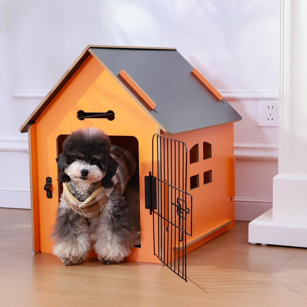 Dog House Indoor for Small Dogs or Cats, Cozy Wooden Design, Small Indoor Bed House, with Air Vents and Elevated Floor Warm Dog Cave (Orange)