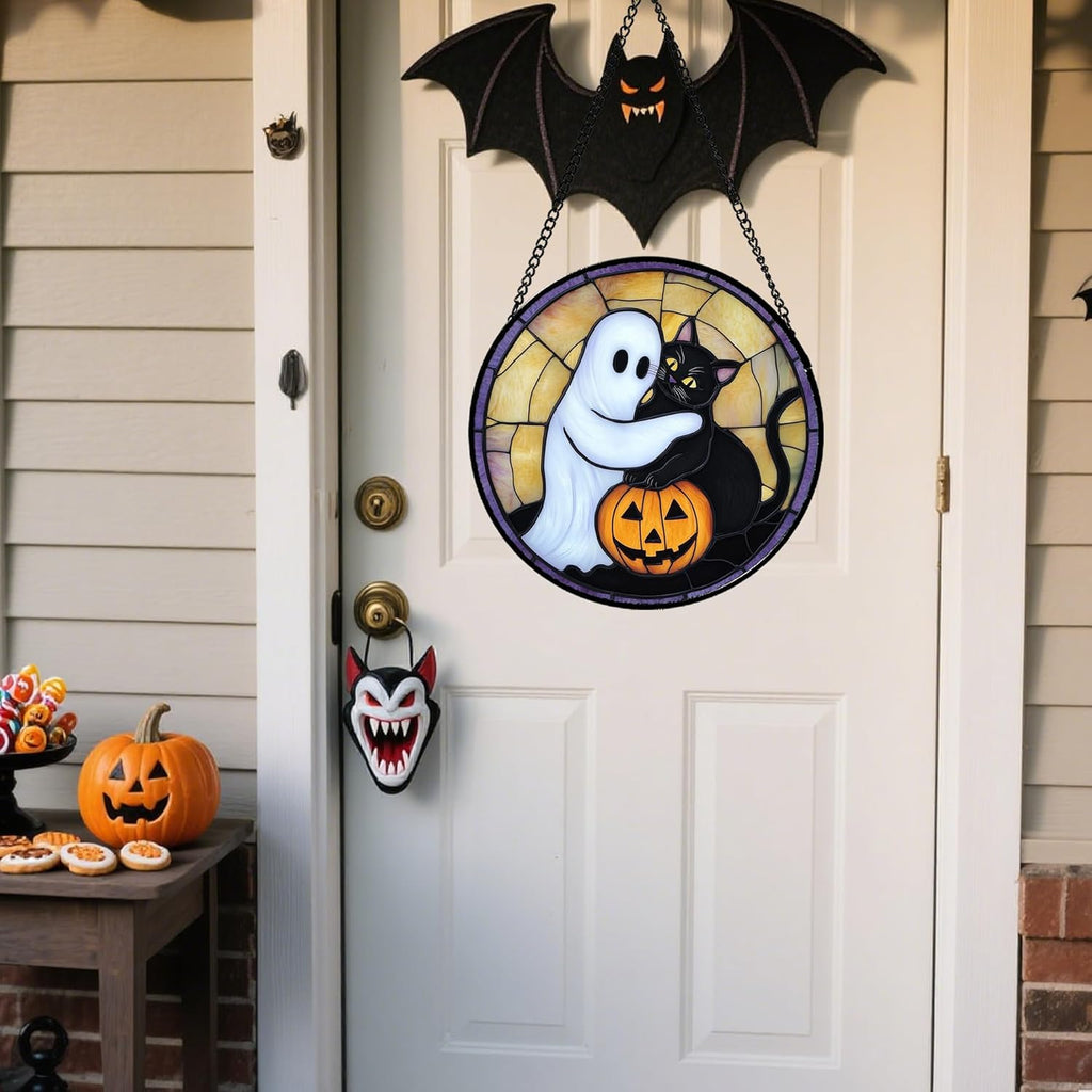 Stained Glass Window Hanging - Halloween Decorations Cute White Ghost Black Cat Suncatcher for Doors Garden Spooky Sun Catchers Gothic Decor Horror Gifts for Women Men Friend Boy 11.8 in