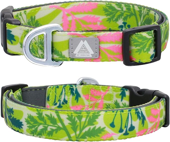 Small Dog Collar with Reflective Logo and Soft Padded Neoprene,Summer Tropical Leaf Design, Adjustable,Lightweight & Durable, Neck Size 9’’-14’’ (Leaf, S)