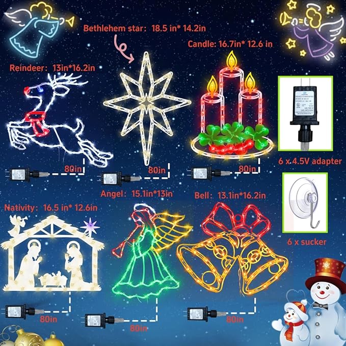 16” Christmas Window Silhouette Lights - 6 Pack Colour Lighted Reindeer ＆ Bethlehem Star ＆ Nativity ＆ Candle ＆ Angel ＆ Bell for Holiday Indoor and Outdoor Wall Door Window Decorate