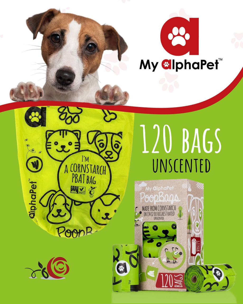 Compostable Dog Poop Bags, Cornstarch Eco-Friendly, HOME COMPOST NF T 51-800, 120 Count, Large Size Bag 9x13 Inches, 8 Unscented Refill Rolls, Leak-proof, Plantbased, GM-Free Corn