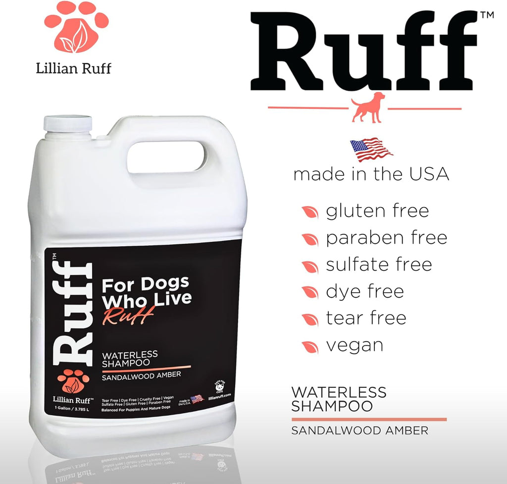 Ruff by Lillian Ruff No-Rinse Waterless Dog Shampoo Spray – Sandalwood Amber – Cleans, Conditions, Detangles & Deodorizes – Puppy & Cat Safe – USA Made (Gallon)