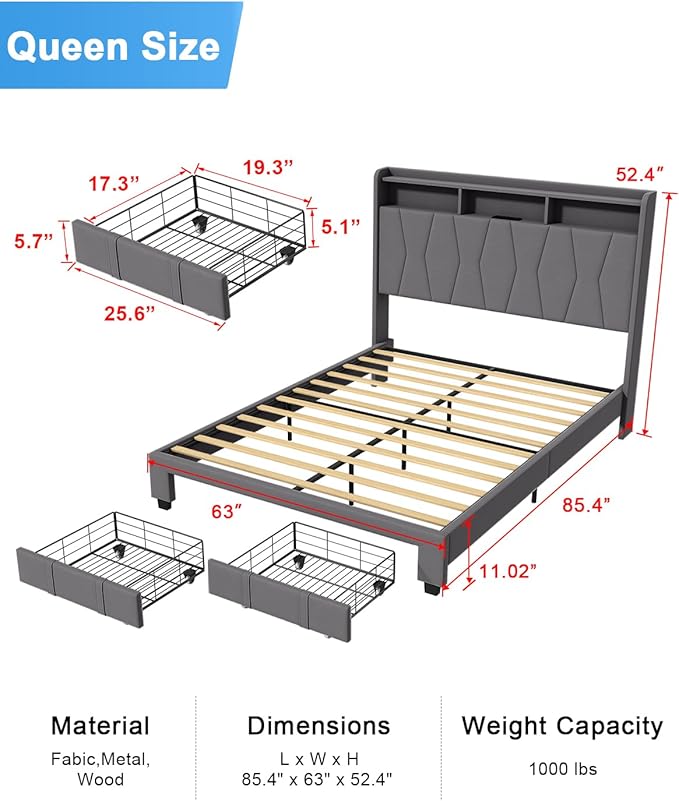 Queen Bed Frame, Velvet Upholstered LED Platform Bed with Headboard Storage, Queen Bed Built-in Charging Station with 2 Drawers, Wood Slat Support, No Box Spring Needed, Grey