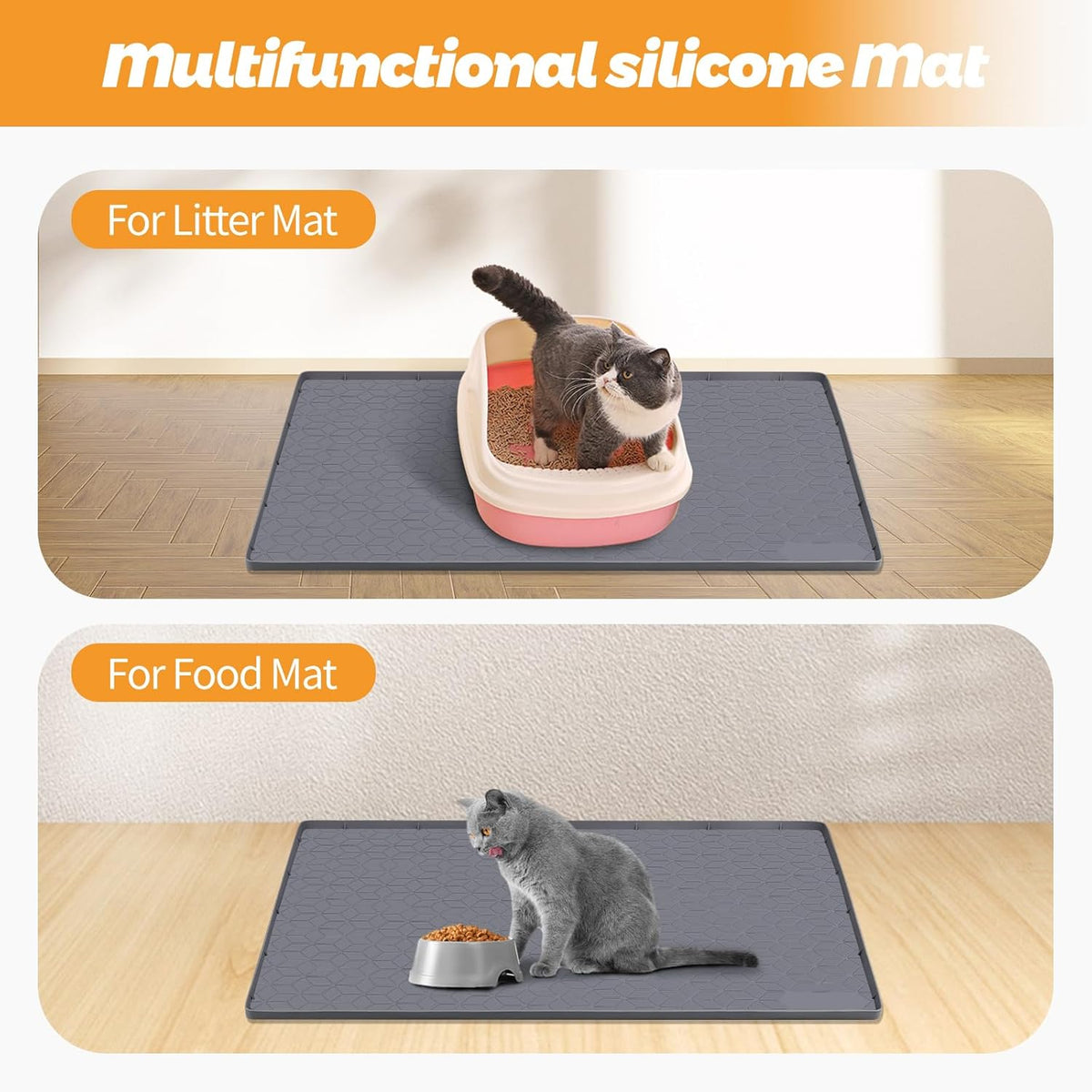 Cat Food Mat, 34" x 22" Large Silicone Pet Feeding Mat with Raised Edge Pet Placemat for Food and Water Bowl Non-Slip, Easy to Clean, Floor Protection (Dark Grey)