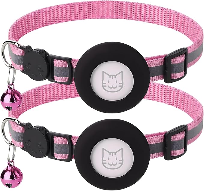 2 Pack Airtag Cat Collar with Bell, Reflective Nylon Kitten Collar with Apple Air Tag Holder and Breakaway Safety Buckle for Puppy Girl Boy Cats, 3/8" in Width and Lightweight, Pink