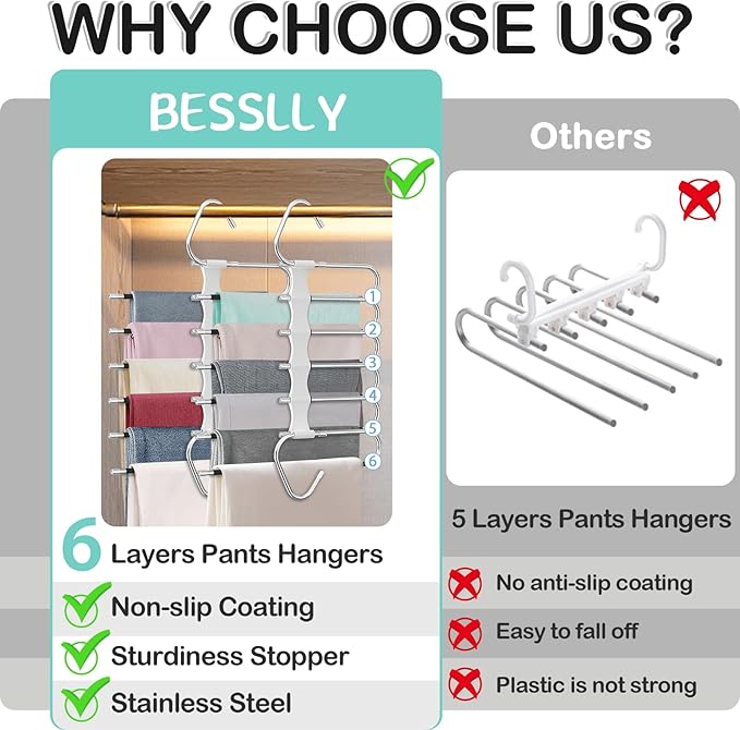 Upgrade 6 Layers Pants Hangers Space Saving, 2Pack Stainless Steel Multifunctional Rack Non Slip S-Type Clothes Jean Hanger Closet Organizer for Jeans Leggings Trousers Skirts Scarf, White