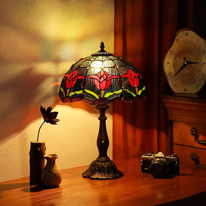 Tiffany Lamps Red Tulip Style Stained Glass Table Lamp Desk Bedside Reading Light 12X12X18.5 Inches with Bronze Resin Base Applicable to Bedroom Living Room Office