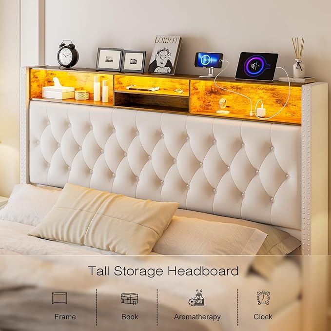 Floating King Size Bed Frame with Headboard and Storage, 60“ Upholstered Bed Frame with LED Light and Charging Station