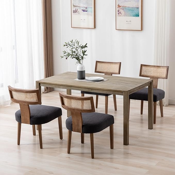 Rattan Dining Chairs Set of 2, Modern Fabric Upholstered Kitchen Chairs, Wooden Dining Room Chair Farmhouse Dinner Chair, Charcoal