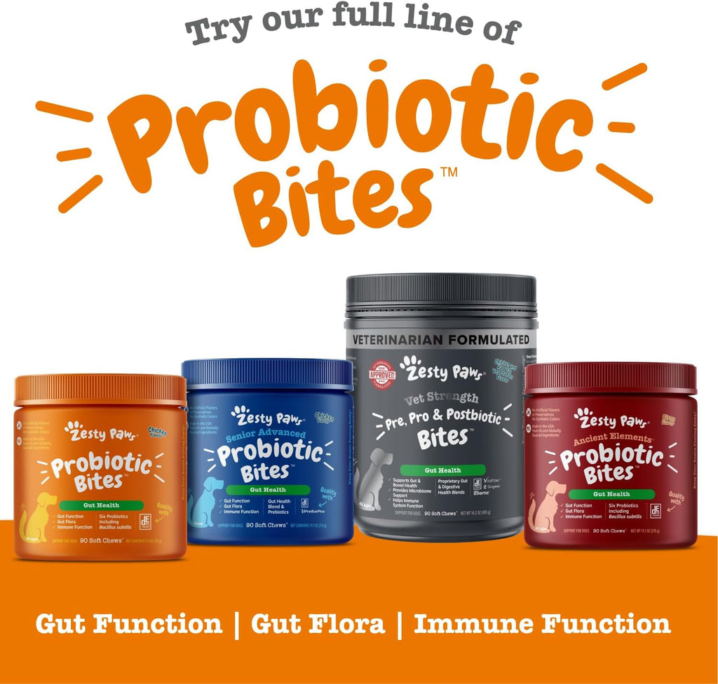 Zesty Paws Probiotics for Dogs, Digestive Enzymes Gut Flora, Digestive Health, Diarrhea & Bowel Support, DE111, Dog Probiotics Soft Chew for Pet Immune System, Chicken, 90 Ct