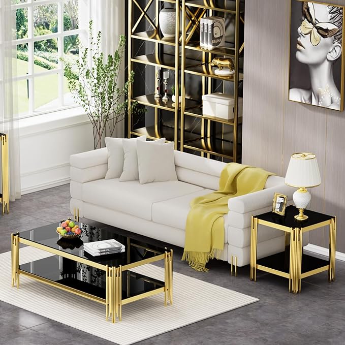 Glass Gold Coffee Table Set of 2,Modern Coffee Table and End Table w/Storage,Glass Coffee Table Set with Stainless Steel Frame,2 Pieces Living Room Table Set for Apartment Home Office