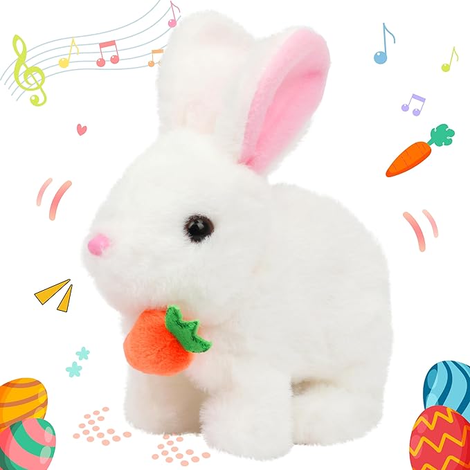 Hopearl Hopping Rabbit with Carrot Interactive Electronic Pet Plush Bunny Toy with Sounds and Movements Animated Walking Wiggle Ears Twitch Nose Gifts for Toddlers Birthday, White, 7''