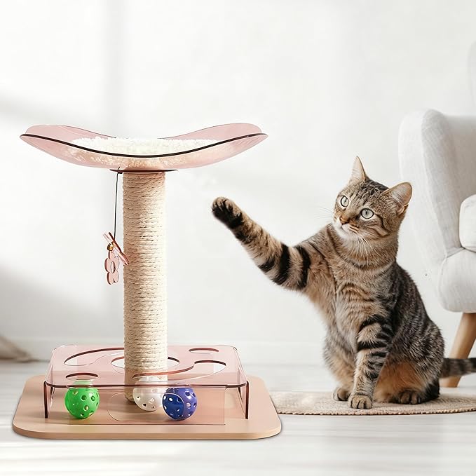 Modern 3-in-1 Interactive Cat Toy with Puzzle Box, Cat Bed/Perch & Scratching Posts, Colorful Jingle Balls, Dangling Accent, Puzzle Toys for Indoor Cats, Acrylic, Pink
