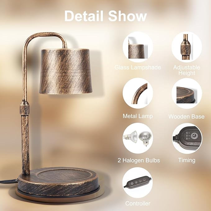 Candle Warmer Lamp Dimmable Wax Melt Warming Lamp with Timer Scented Wax Candle in Jar During Bathing & Yoga & Meditation with 2 Bulbs Home Decor Gift for Female (Imitation Copper Cover)