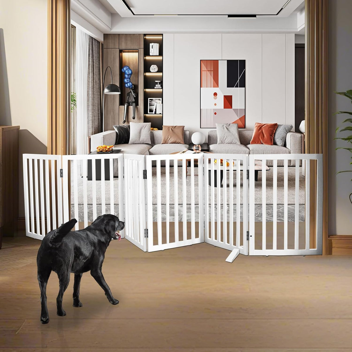 ZJSF Freestanding Indoor Dog Gate for House Foldable Wood White Puppy Gate for Doorways Pet Gate for Stairs Extra Wide Pet Fence 24" Height 6 Panels