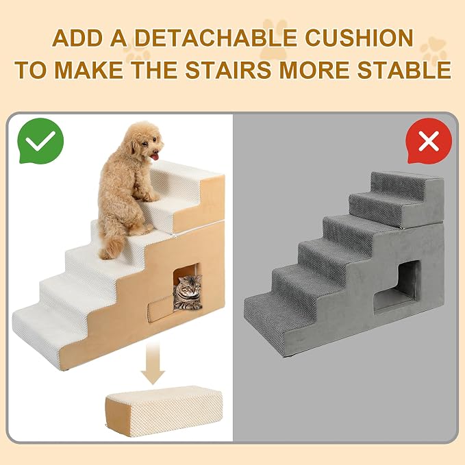 Dog Stairs for Small Dogs 27”H, 6-Step Dog Steps for High Bed, High-Density Foam Pet Stairs with Non-Slip Removable Washable Cover to Get on Bed(Beige)