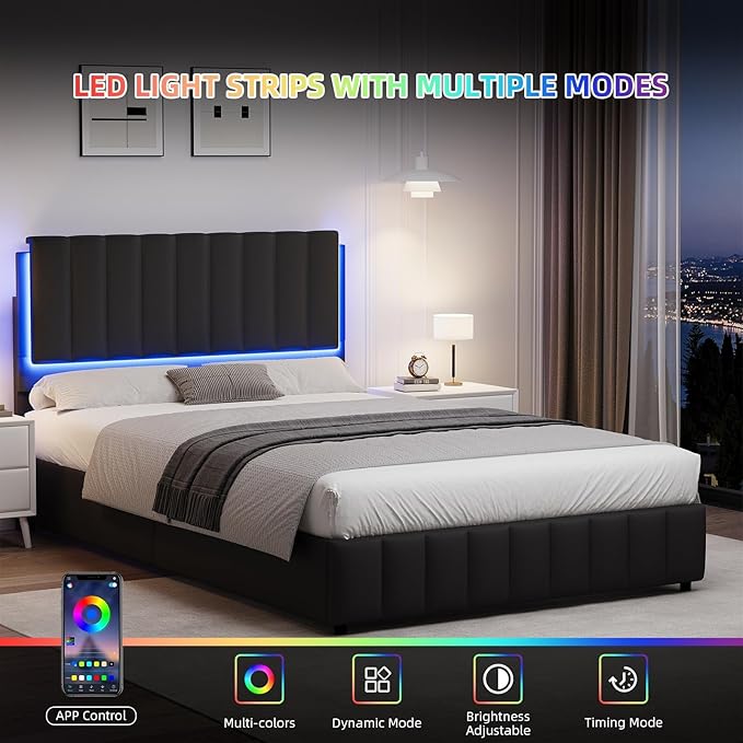 Queen Bed Frame with LED Lights and Headboard, Modern Upholstered Faux Leather Platform Bed with Wooden Slats Support, No Box Spring Needed, Easy Assembly, Black