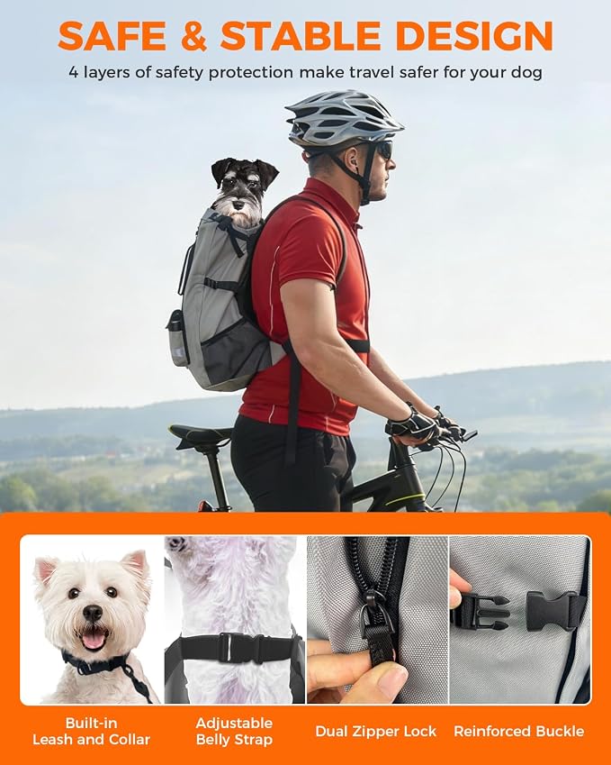 Waterproof Dog Backpack Carrier for Small Dogs Under 24 lb, Grey | 4-Layer Protection, Adjustable Dog Hiking Backpack with Storage Pockets, Reflective Strips, Non-Slip Handle for Travel