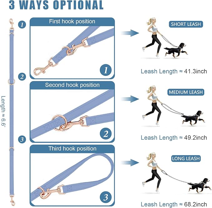 Soft Leather Dog Collar and Leash (6.6') Set - Stylish Rose Gold Heavy Duty Metal Buckle, 4 Adjustable Lengths Leash for Small Medium Large Dogs - Comfortable & Easy to Clean BluePurple M(13.8"-19.7")