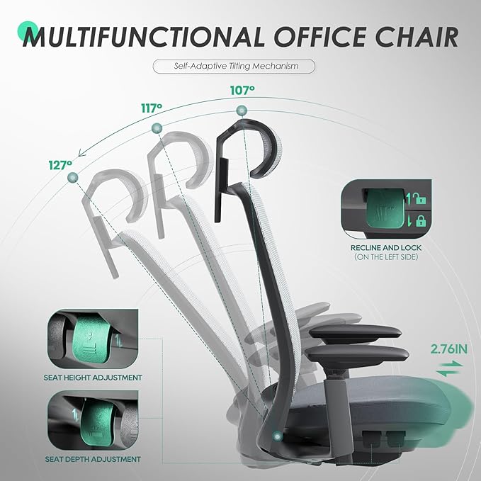 COLAMY Ergonomic Office Chair, High Back Computer Executive Desk Chair with Lumbar Support, Adjustable Headrest and 4D Arms, Slide Seat-BlackGrey