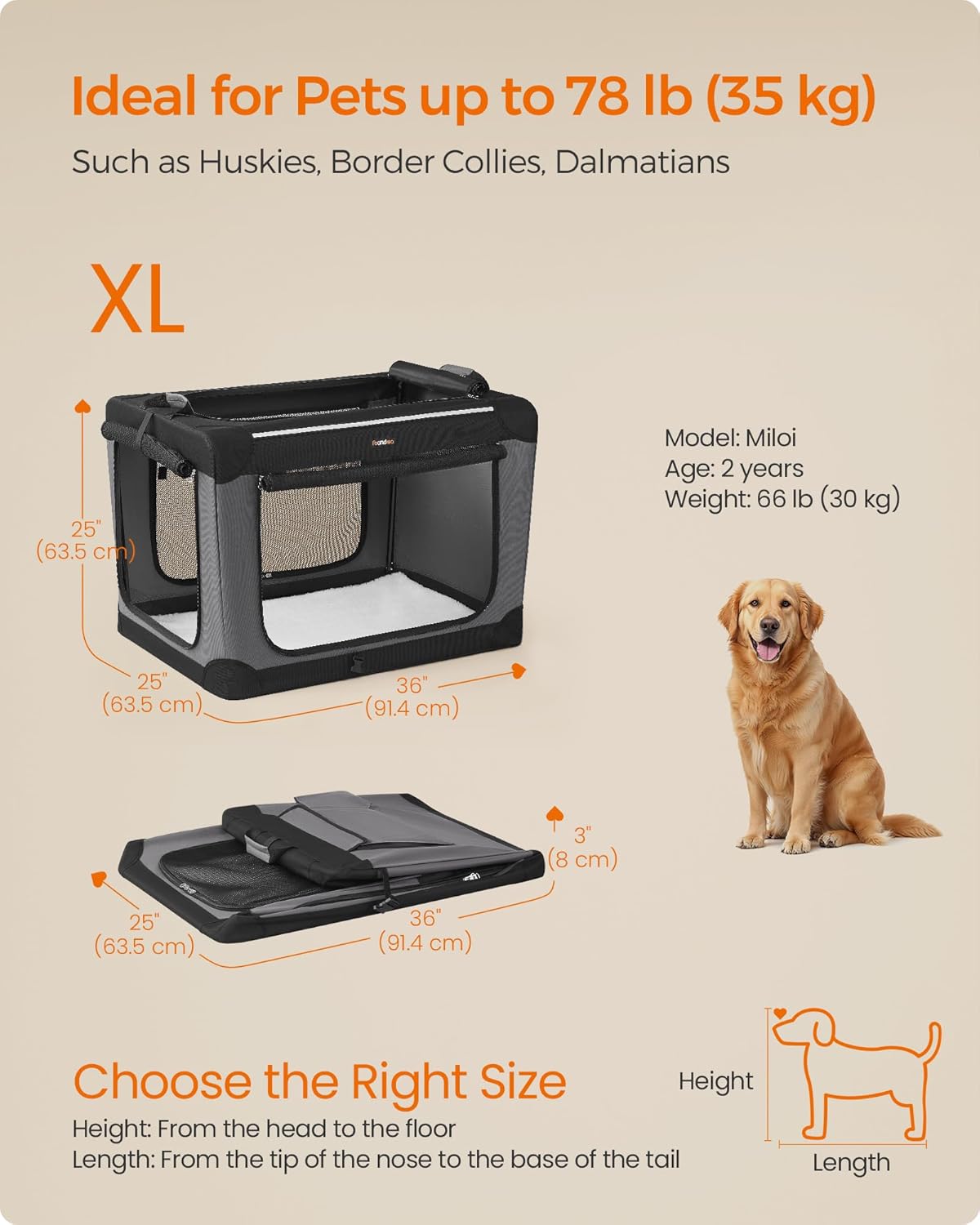 Feandrea Collapsible Dog Crate, 36-Inch Portable Dog Travel Crate for Large Dogs, Oxford Fabric Pet Carrier with 4 Mesh Doors, Handles, Storage Pocket, Water Bottle Holder, Ink Black UPDC019B01