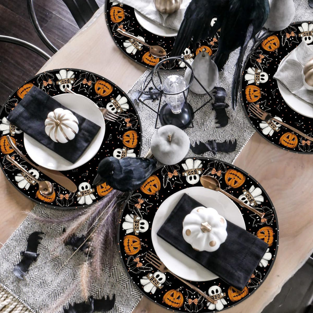 Artoid Mode Ghost Cat Halloween Round Placemats Set of 6, 14 Inch Table Mats for Party Kitchen Dining