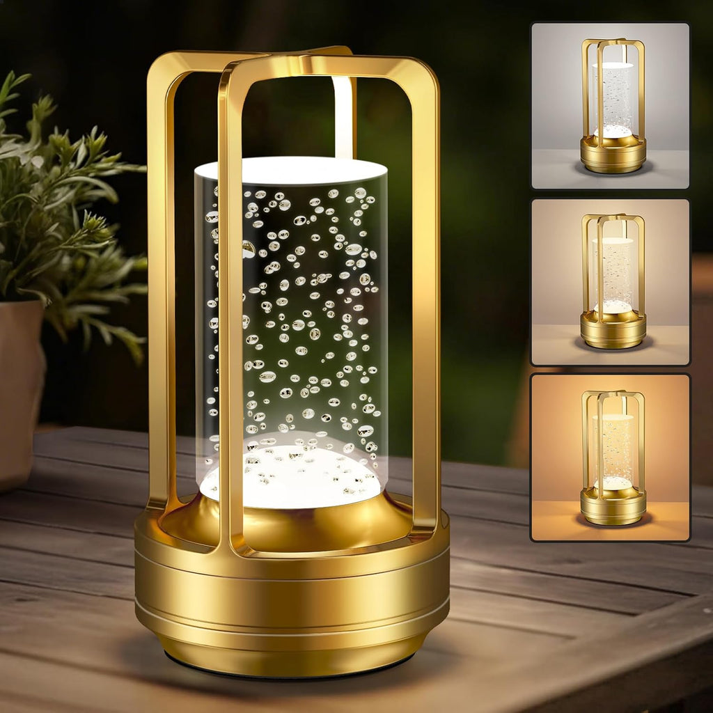 Portable Table Lamp for Outdoor Indoor: Cordless Rechargeable Desk Lamp with 3 Color Stepless Dimmable - Metal Battery Operated Small Lantern Light for Restaurant/Bedroom/Bar/Coffee Shop/Camping