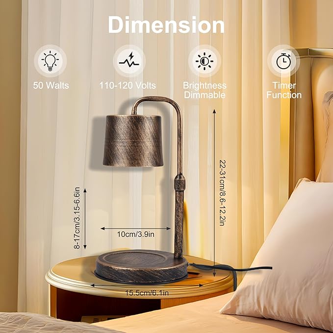 Candle Warmer Lamp Dimmable Wax Melt Warming Lamp with Timer Scented Wax Candle in Jar During Bathing & Yoga & Meditation with 2 Bulbs Home Decor Gift for Female (Imitation Copper Cover)