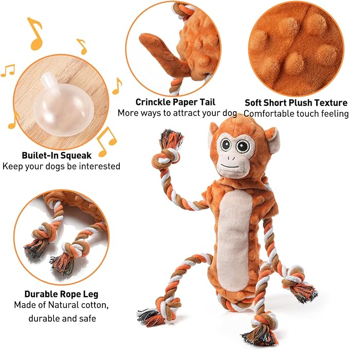 Dog Tug Toys, Stuffed Animal Dog Chew Toy, Cute Puppy Squeaky Dogs Plush Toys with Crinkle Paper for Small, Middle, Large Breed