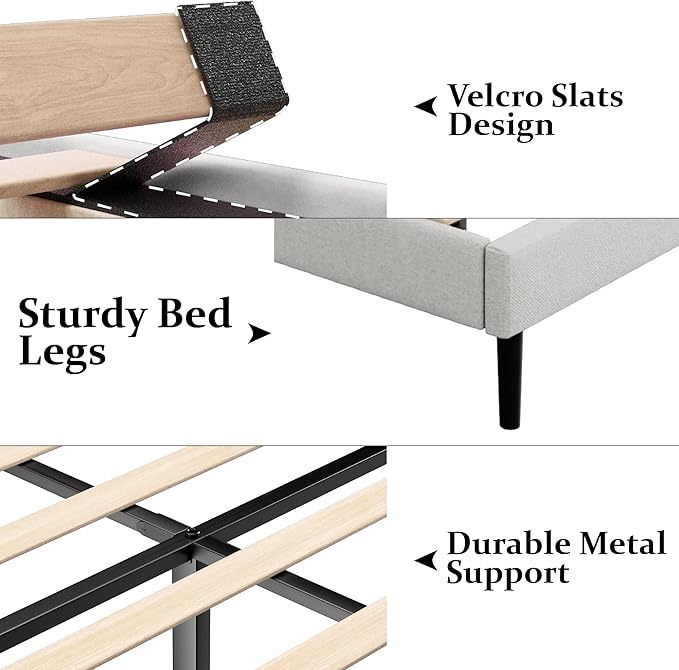 Twin Size Bed Frame with Upholstered Wingback Headboard, Easy Assemnly Platform Bed, Wooden Slat Support No Box Spring Needed, Sand