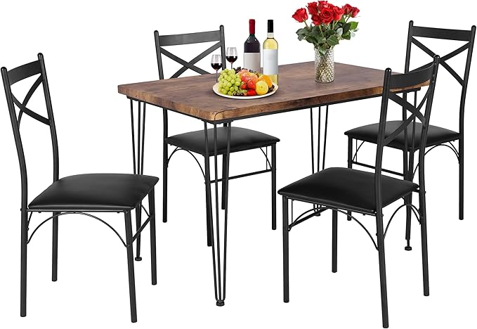 VECELO Dining Table Set for 4, Kitchen Table Set with 4 Chairs for Small Space, Space-Saving and Modern Design, Apartment, Easy to Assemble,Brown