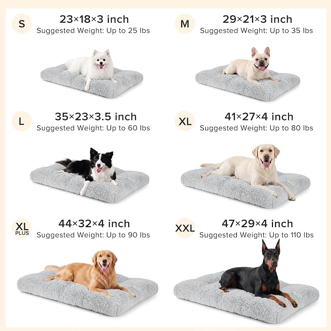 JOEJOY Large Dog Bed Crate Pad, Deluxe Plush Washable Dog Beds Fulffy Soft Kennel Pad Anti-Slip Pet Sleeping Mat for Large Medium Small Dogs, 35" x 23", Grey