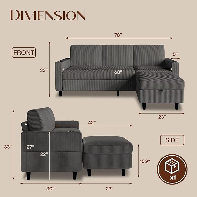 Sectional Couches for Living Room, L Shaped Couch with 2 Cup Holders, Small Sofa Corduroy Couch with Storage Ottoman, Modern 3 Seater Convertible Sofa for Apartment, Office, Dark Grey